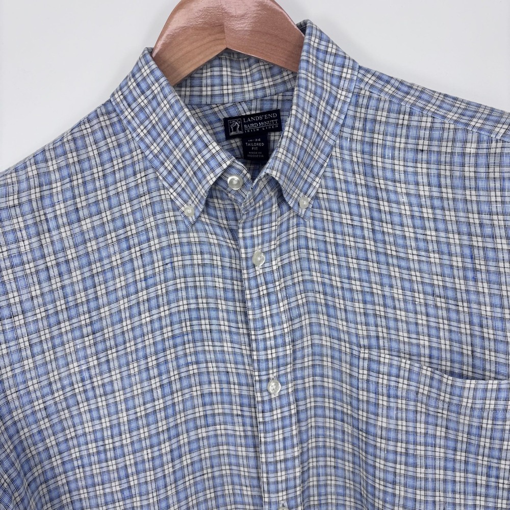 Lands End Baird McNutt Linen Shirt Mens XL (Tagged 16-34) Blue Plaid Coastal